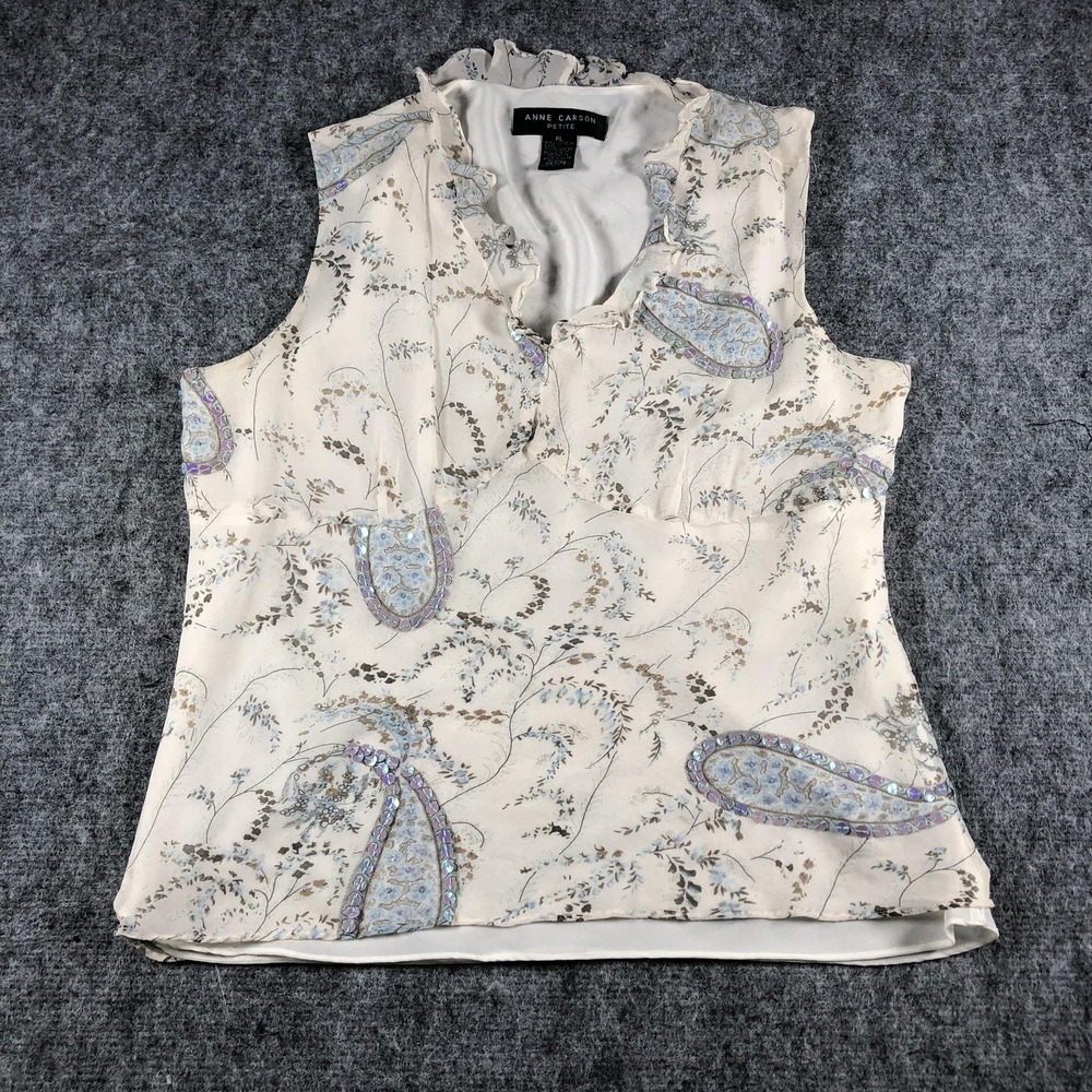 Anne Carson Blouse Womens Petite Large Ivory Blue Silk Paisley Sequin Sleeveless
